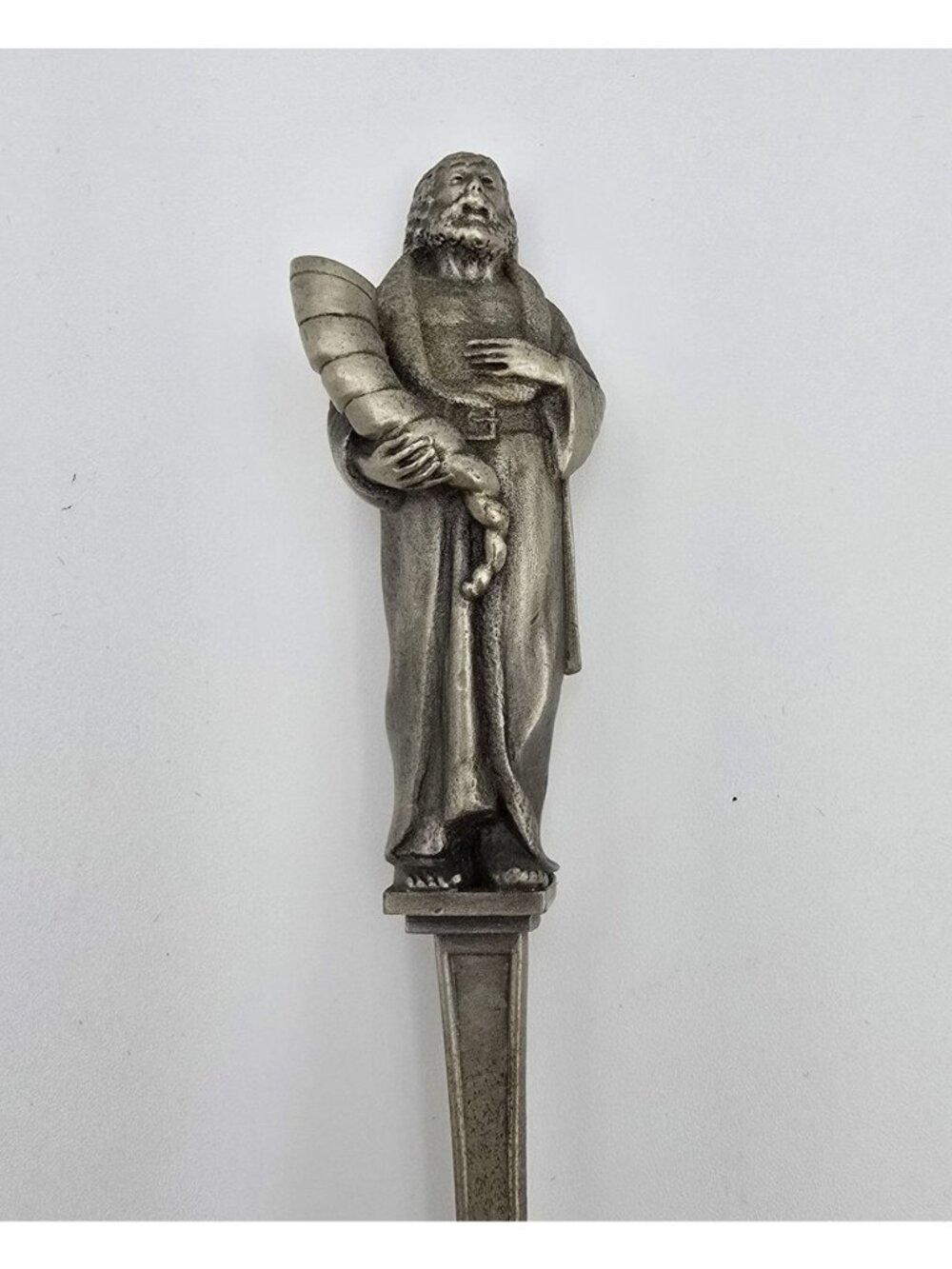 Antique Pewter Collectible Spoon Embossed Scene & Figurine Handle Unique Detail